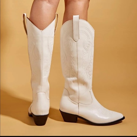 White Chunky Heel Cowboy Boot - Picture 3 of 8